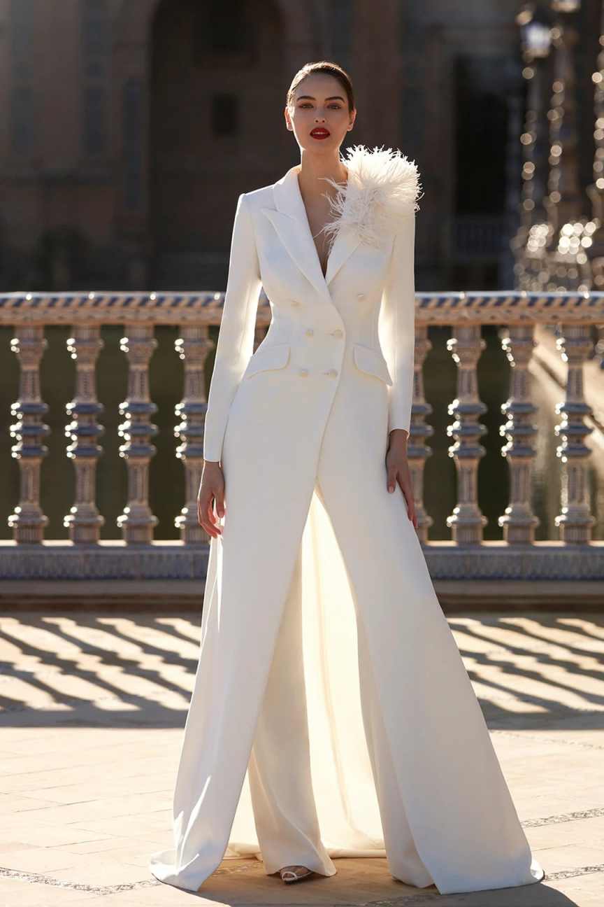 Double Breasted Women Pants Suits Ladies Long Jacket With Feather Formal Birthday Party Wear 2 Pieces Customized Coat