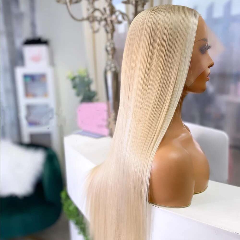 30 Inch Silky Straight Ash Blonde Highlight Wig Human Hair Blended Synthetic Wigs For Women Heat Resistant Fiber Cosply