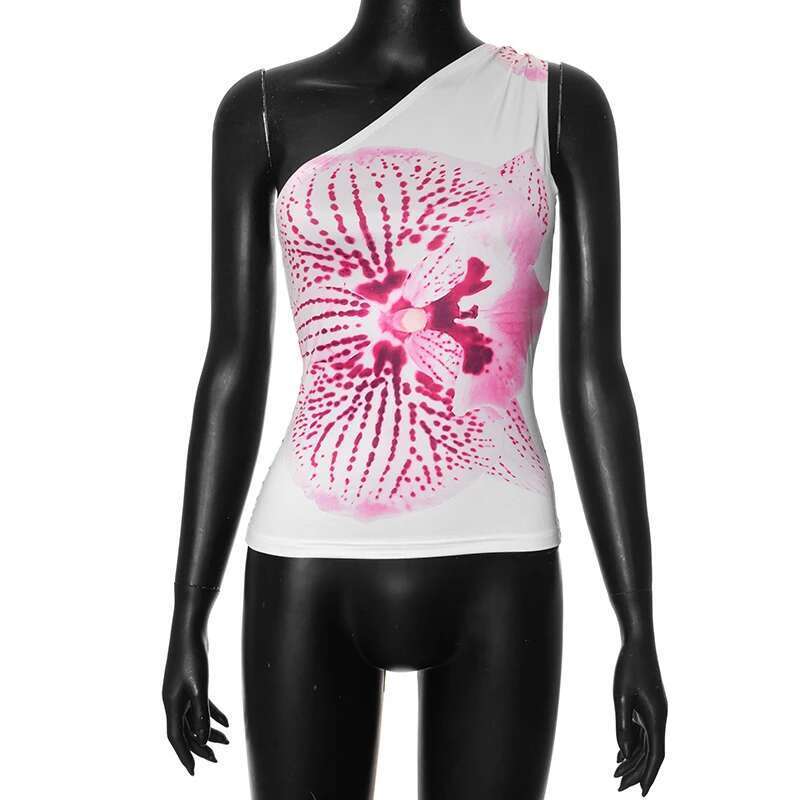 Print CUTENOVA ral Fitted Tops Women Resort Wear Graphic Tees Summer 2025 Casual One Shoulder Slash Backless Tank Top