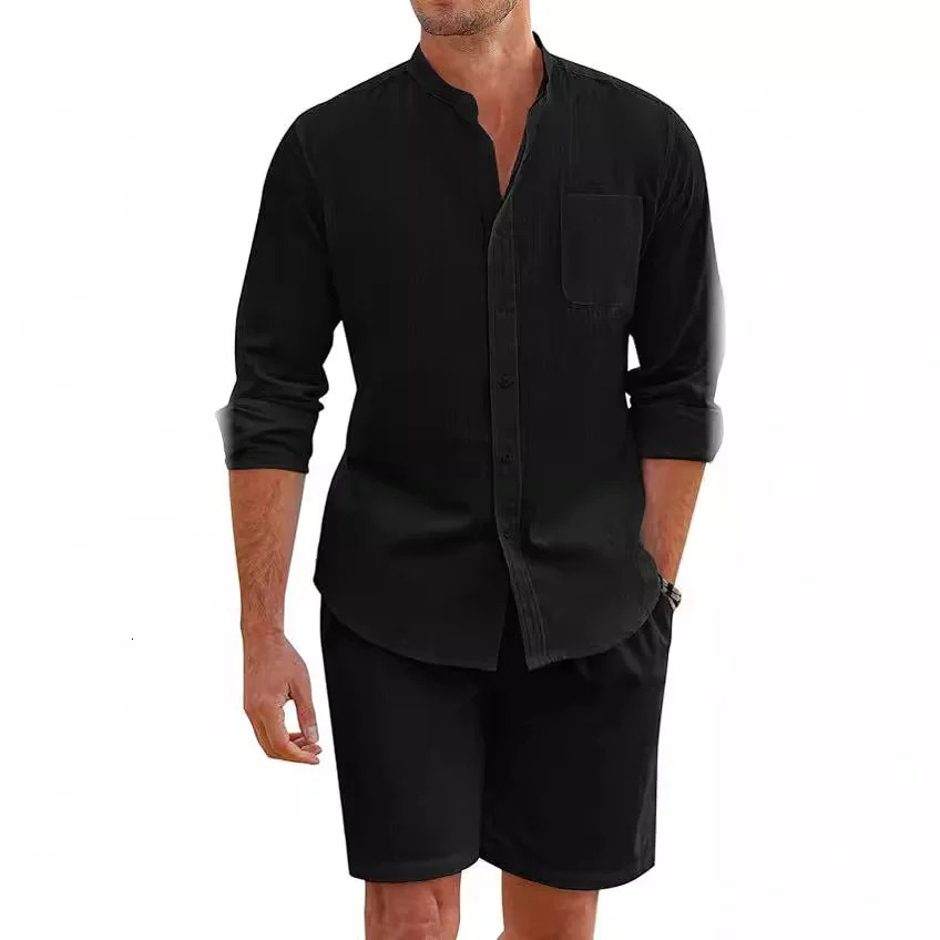 Mens Beach Casual Sky Blue White Black Sports Suit Linen Loose Long-sleeved Shirts Trousers Workwear Two-piece Male Outfit Sets 250227