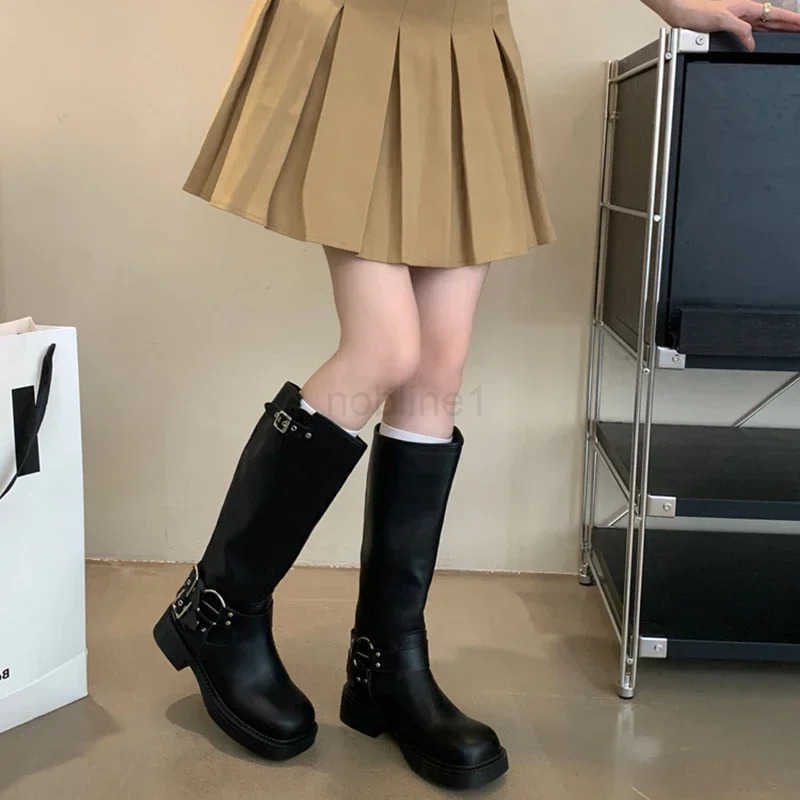 Chic Square Toe Wen Knee High Boots Fion Belt Buckle Knight Long Booties Autumn Winter Fem Low Heel Shoes Z250304