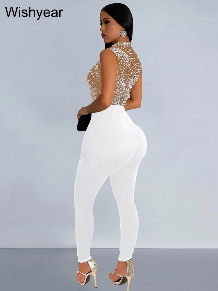 year Sparkle Pearls Rhinestones Patchwork Long Pants Jumpsuits Womens Sleeveless Night Out Rompers Birthday Evening Outfits 250303