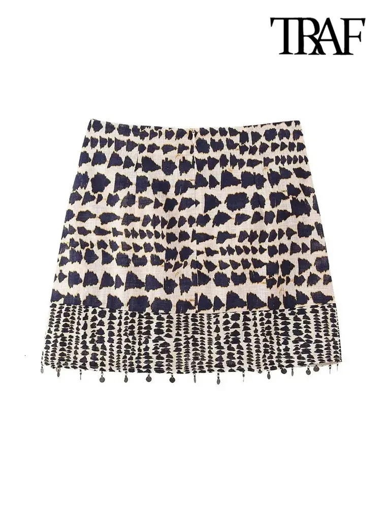 TRAF Women Fashion With Beaded Print Wrap Mini Skirt Vintage High Waist Back Zipper Female Skirts Mujer 250304