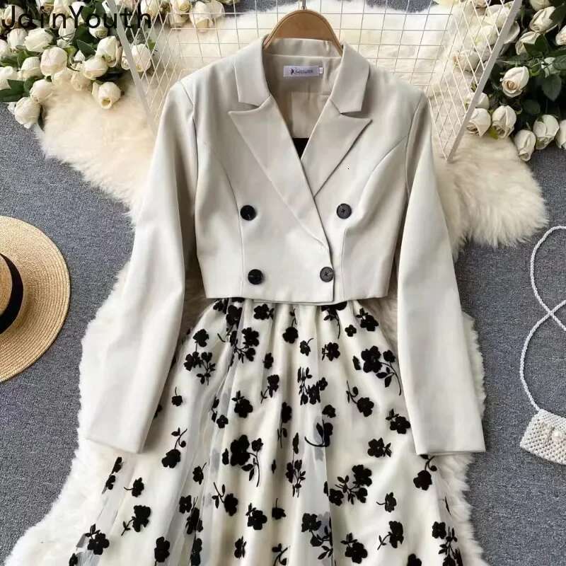 Temperament Women's Clothing 2 Piece Sets Double Breasted Crop Jacket Gauze Ral Tunic Dresses Outfits Fashion Korean Suit