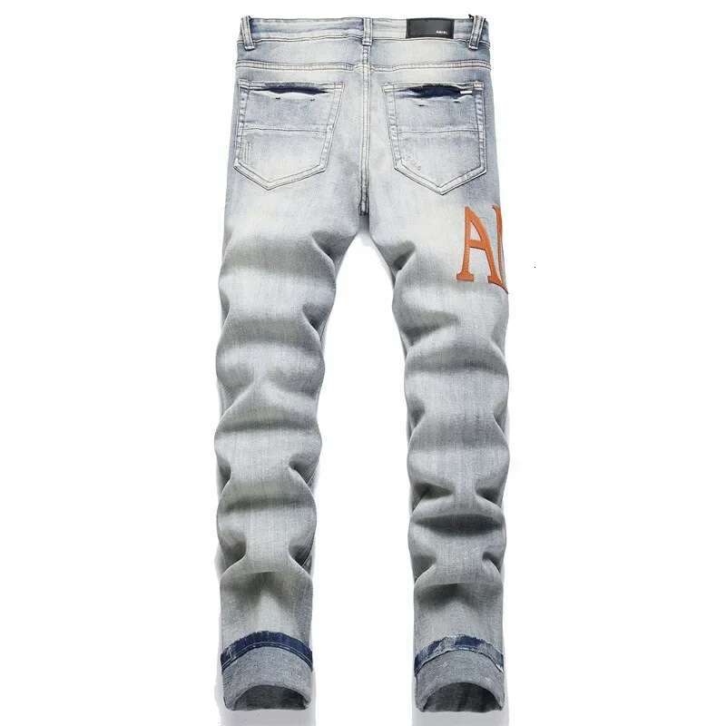Retro Leather Jeans Holes American Elastic Slim Fashion Versatile Men's Pants Do Old Worn-Out Styles