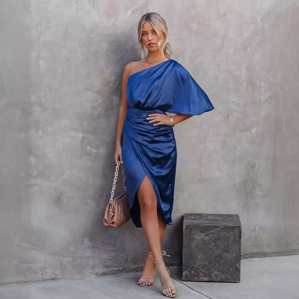 Sexy Single Sleeve Rose Segment Irregular Evening Dress Women's 2025 New Casual Versatile Fashion Clothing
