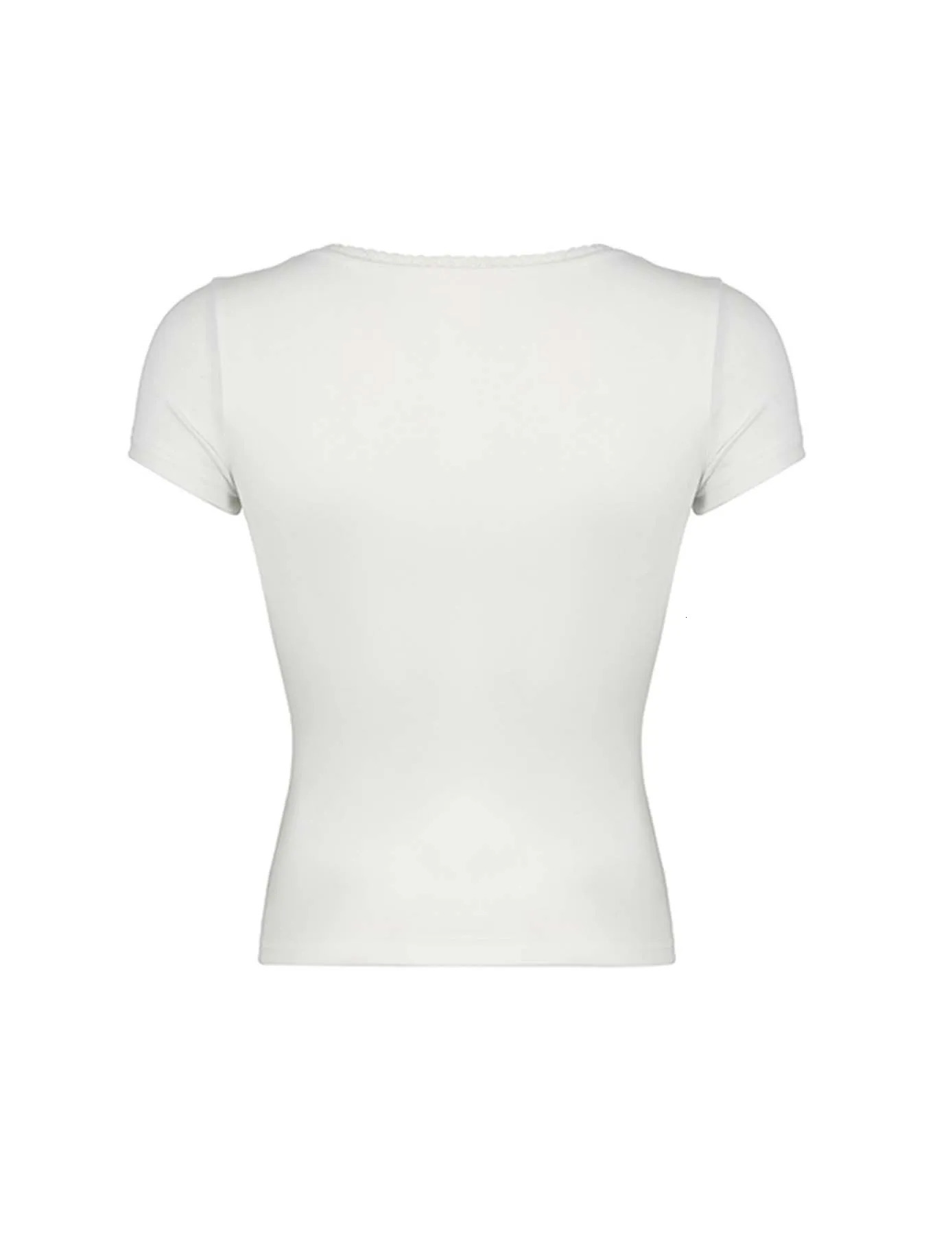 Sweetown Black Solid Slim Elegant Basic Short Sleeve Tees Lace Trim Cute Y2K V Neck White T Shirts Women Summer Streetwear Tops 250303