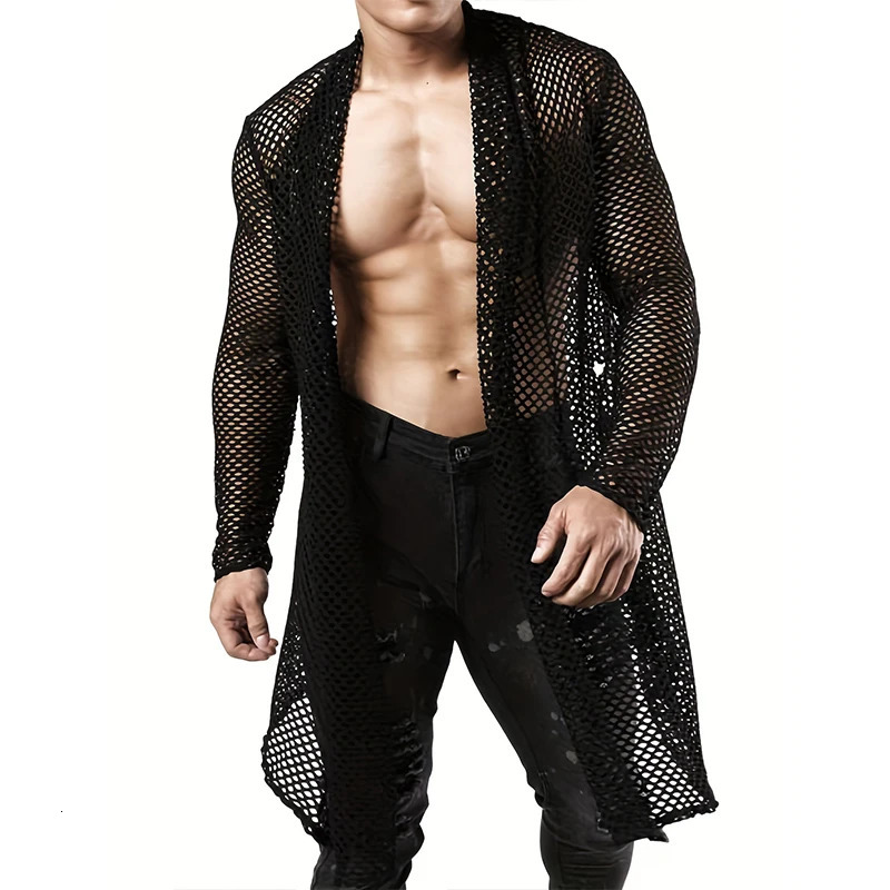 Mens Sexy Hollow Out Long Cardigan Grid Shirts Streetwear Fashion Perspective Long-sleeved Solid Color T Shirts Tops S-XL 250304