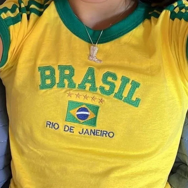 Womens Aesthetic BRASIL Letter Print TShirt and Shorts Suit Vintage Grunge Short Sleeve Baby Tees Summer Crop Top Y2k Clothe 250228