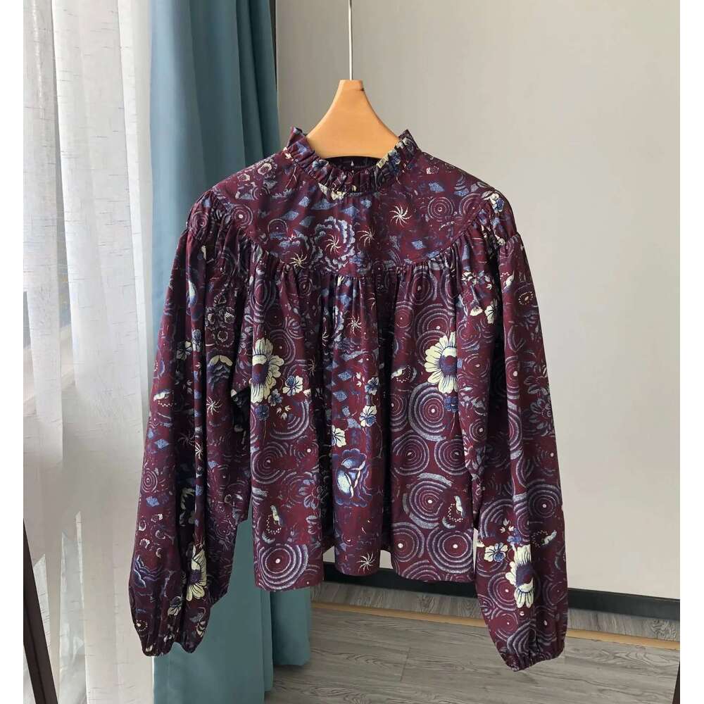 2025 Autumn New Women Artistic Oil Painting Printing Big Lantern Sleeve Round Neck Blouse Shirring Long-Sleeved Shirt