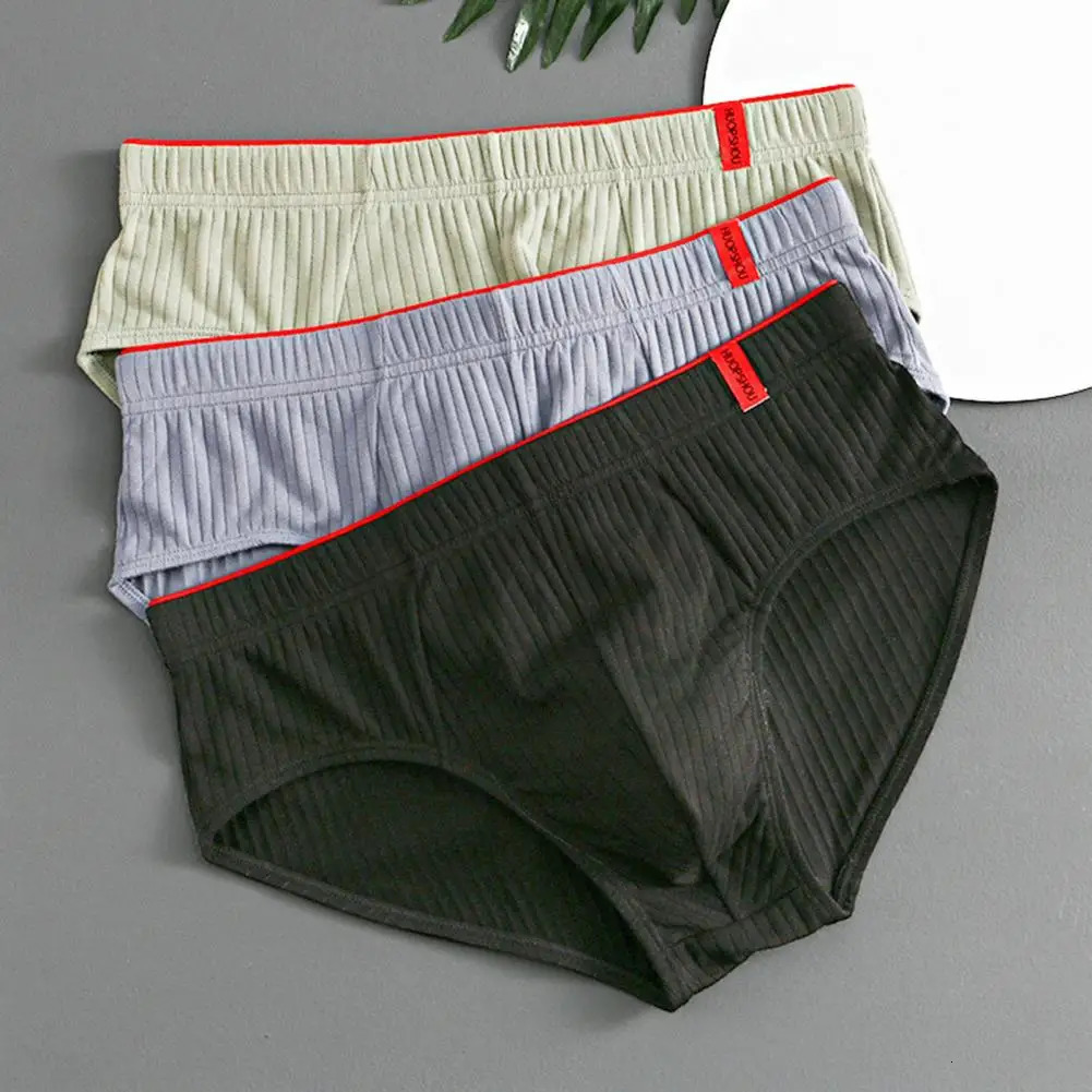Men Briefs Anti-septic U Convex Mid Waist Elastic Striped Men Underwear Solid Color Casual Not Easily Deformed Male Underpants 250303