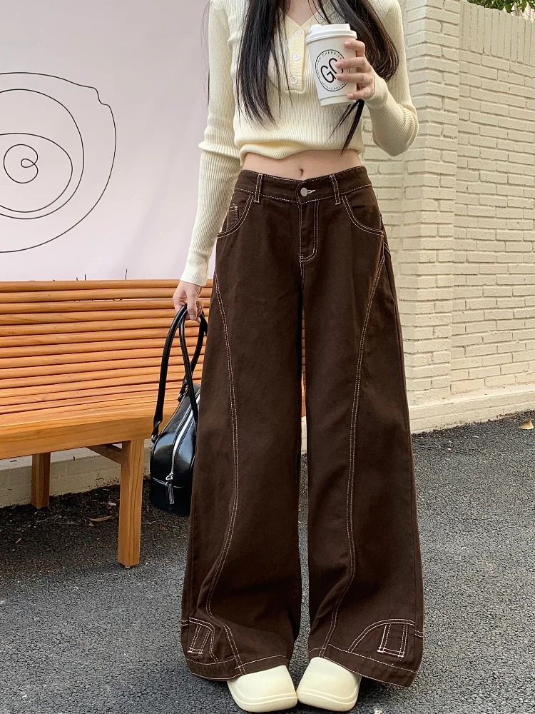 2024 Hosen Y2K Fashion Vintage Brown Baggy Jeans Pants For Women Clothes Wide Leg Lady Long Trousers Clothing 250227