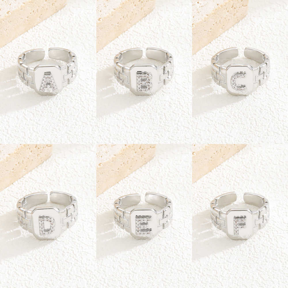 Couple Rings New copper inlaid zircon letter ring personalized watch chain old chain cold and cool style female ring with open mouth H25303