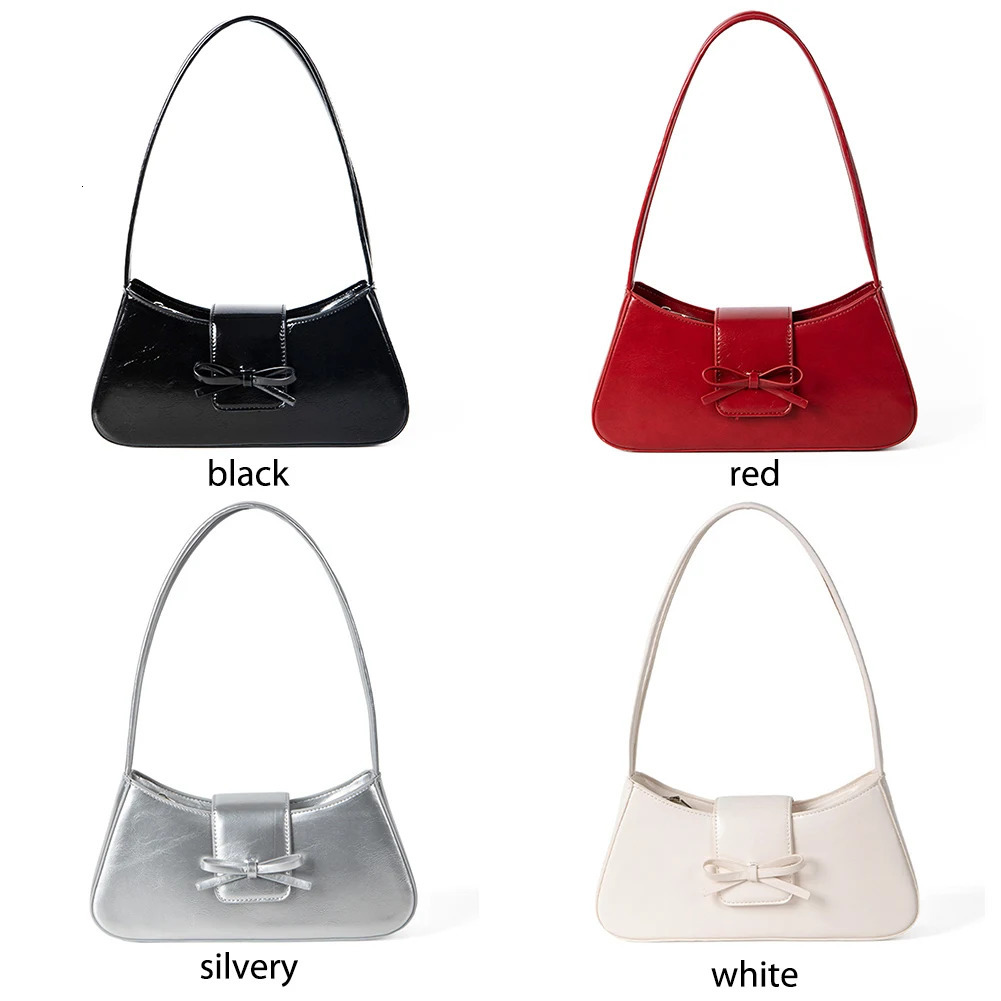 Sweet Bow Shoulder Bag PU Leather Fashion Handbag with Zipper Closure Everyday Purse Trendy Underarm Bag for Women 250228