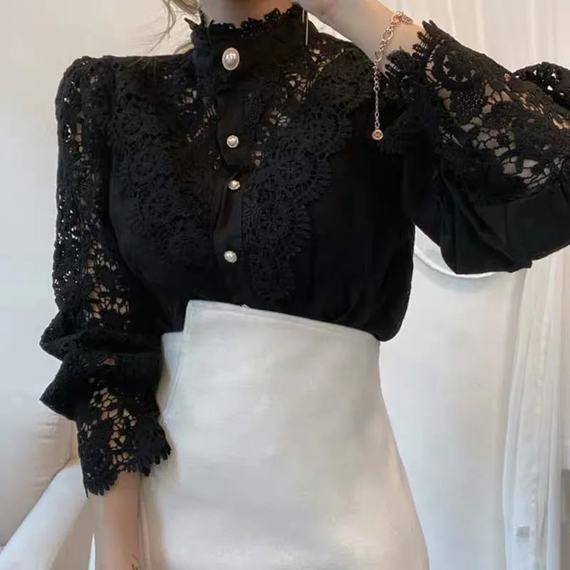 Elegant Lace Tops Embroidery Hollow Out Solid Stand Collar Female Tunic Plus Size Petal Sleeve Spring Womens Tops And Blouses 250228