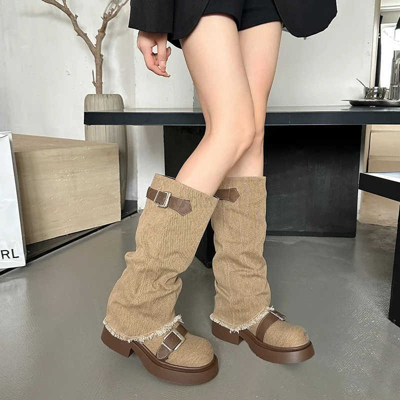 Mid-calf Square Heel Modern Boots Winter Denim Ladies Shoes 2024 High Quality Slip-on Mid Hee Round Toe Belt Buckle Boots Z250304