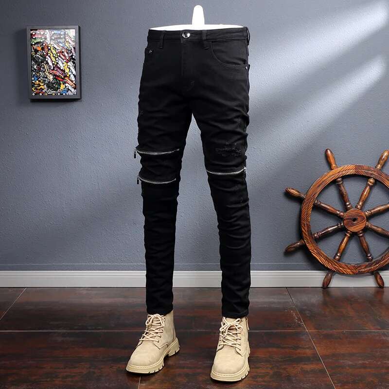 Streetwear Fashion Black Elastic Slim Fit Destroyed Ripped Jeans Zipper Designer Hip Hop Punk Denim Pencil Pants Men