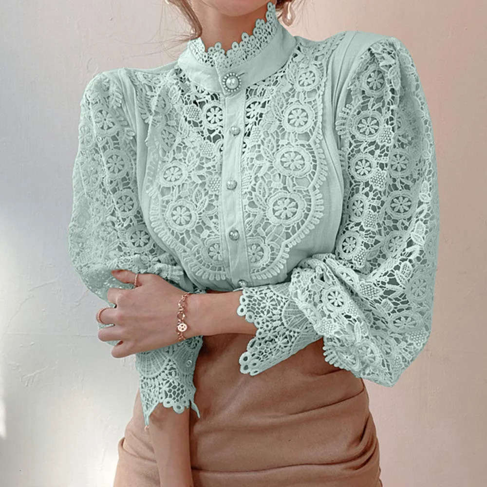 Elegant Lace Tops Embroidery Hollow Out Solid Stand Collar Female Tunic Plus Size Petal Sleeve Spring Womens Tops And Blouses 250228
