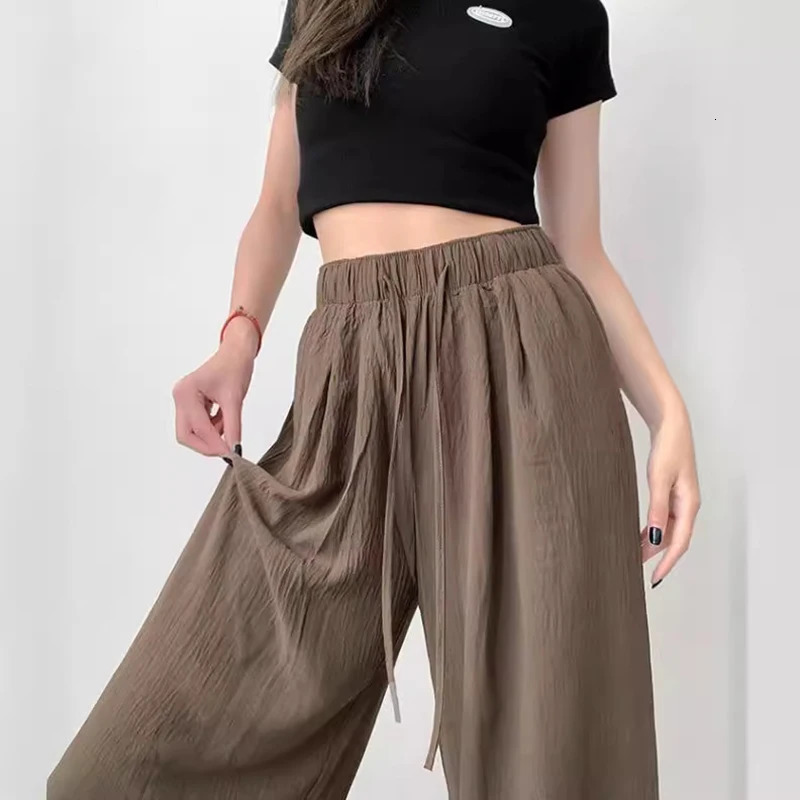 Back to School Summer Womens Fashion Thin Japanese Ice Silk Wide-Leg High-Waisted Straight Draped Anti-Wrinkle Casual Pants 250303