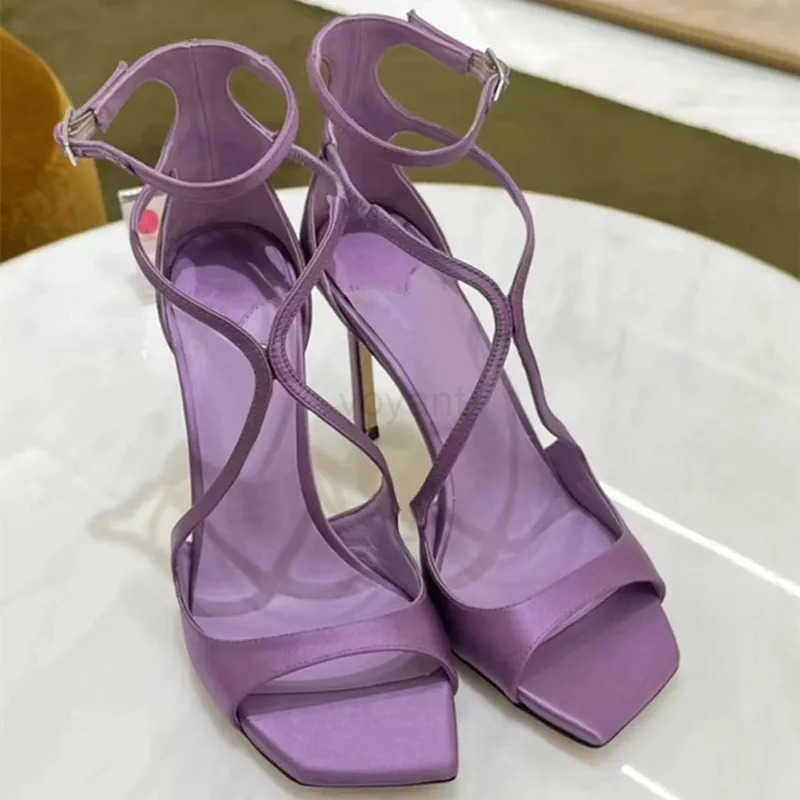 Star style Purple Satin Wen Sandals Sexy Narrow Band Ankle Strap Stiletto High h Gladiator Sandalias Summer Banquet Shoes Z250304