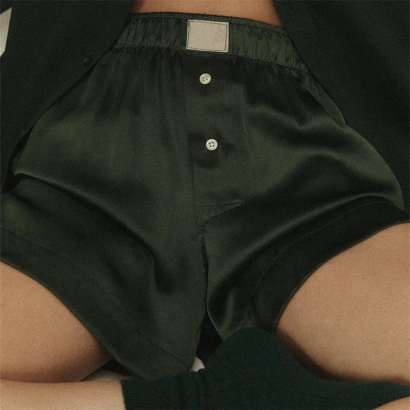 Women Summer Satin Silk Pajama Shorts Y2K Elastic Waist Button Boxer Shorts Loose Soft Solid Lounge Shorts 250303