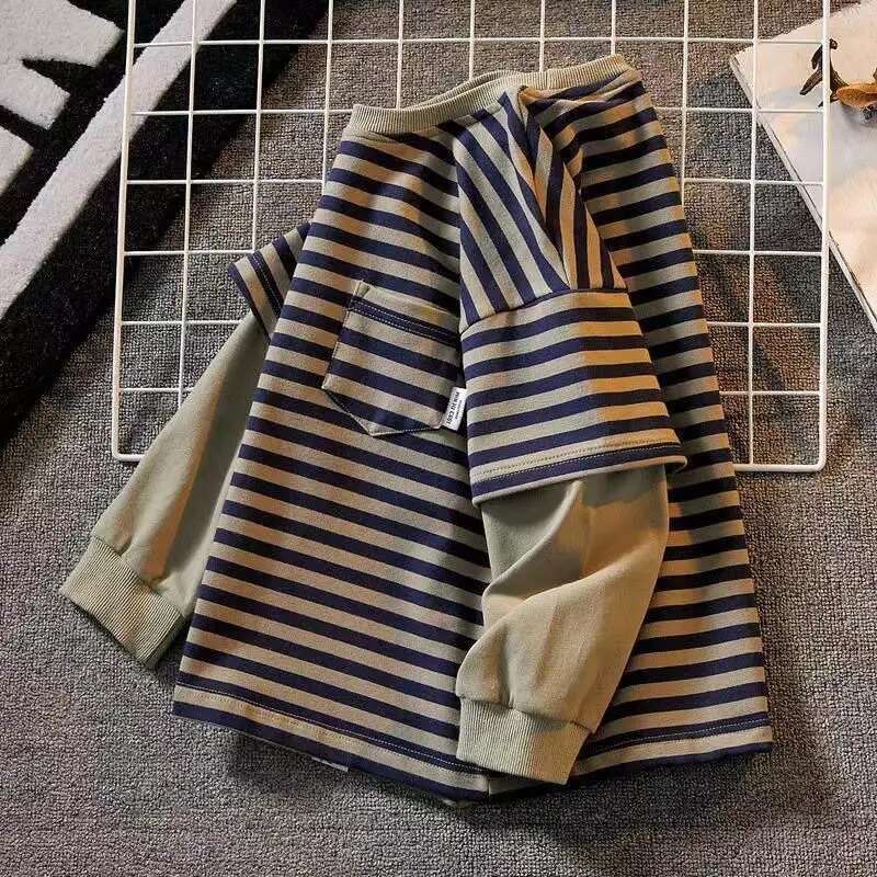 Kids Hoodies New Spring 2025 Striped Patchwork Fashion Korean Casual Baggy Simple Style
