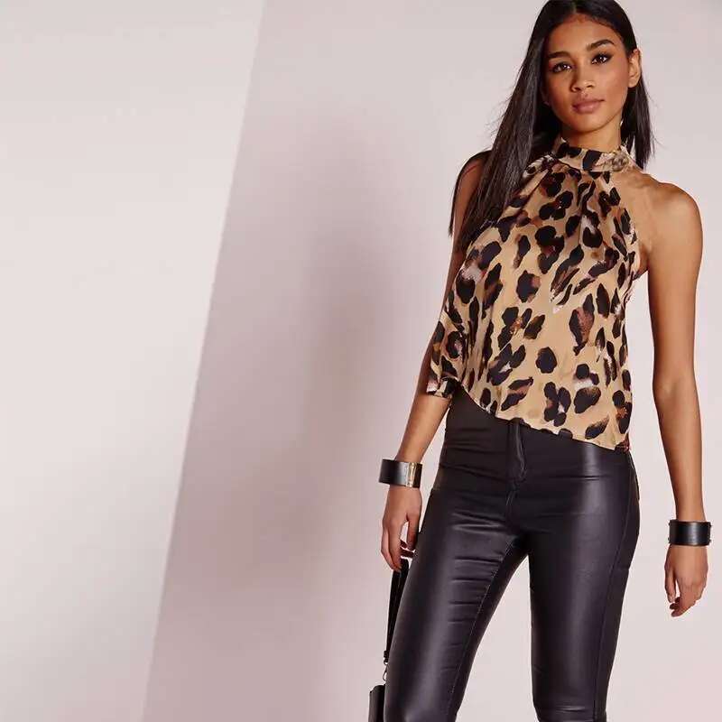 Off Shoulder Sexy Leopard Blouse Chiffon Women Halter Tops Summer 2012 Animal Print Casual Backless Sleeveless Shirts for summer