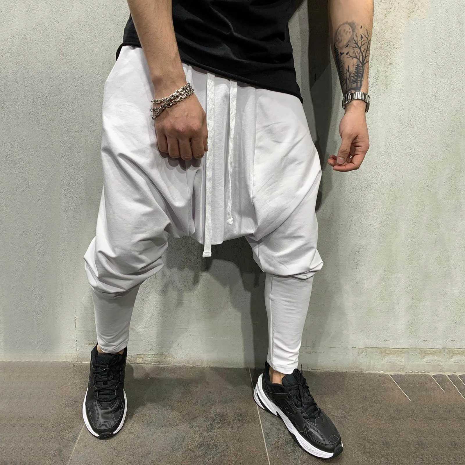 Mens Hip Hop Trend Pants Loose Solid Color Harlan Cropped Trousers Street Sports Casual Drop-Crotch Trousers For Man Mens ClothingXJ250303