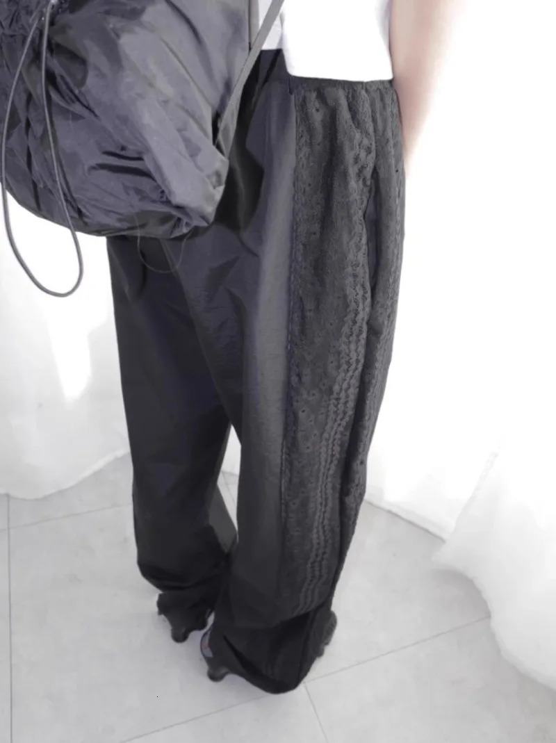 Fashion Vintage Lace Patchwork Nylon Wide Leg Pants 2025 Summer Loose Y2k E- High Waist Straight Trousers 250303