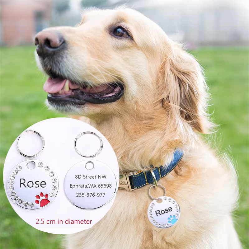Custome Engraving Pet ID Tags Anti-lost Collar Pendant Personalized Puppy Name Tag Cat Rhinestone DecorationCollar Accessories