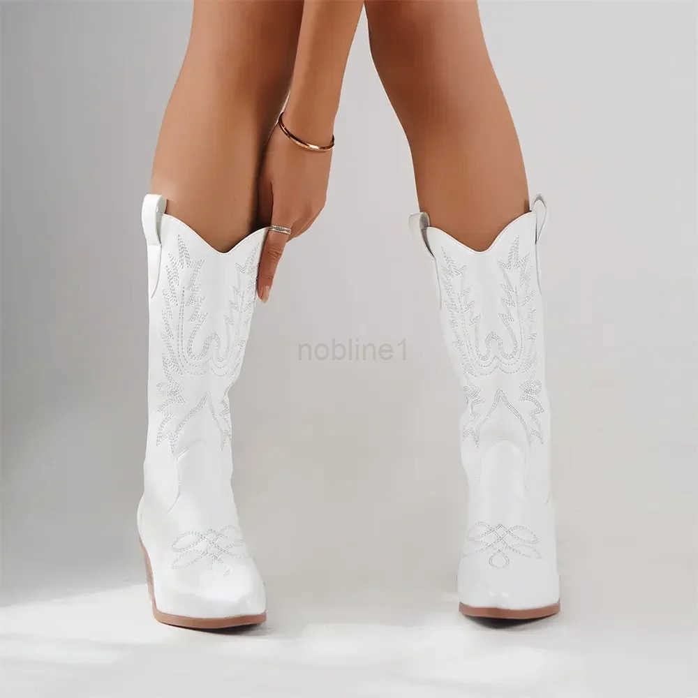 Plus size 43 High Quality Block H Mid-calf White Cowboy Boots Wen Vintage Country Concert Wern Boots Shoes Z250304
