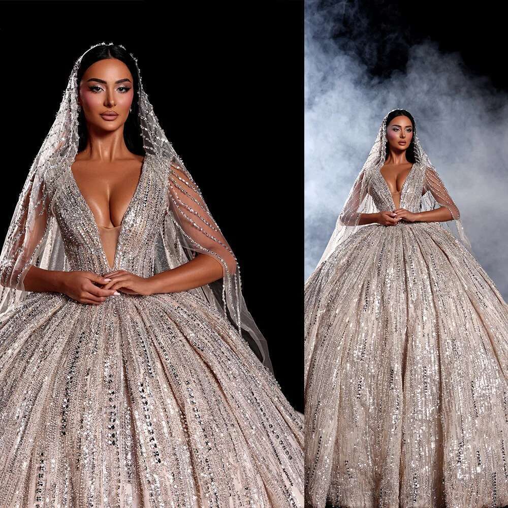of Ball Gown Sexy Wedding Deep V Neckline Sequin Applicator Pearls Chapel Custom Train Sweep Novia Dresses