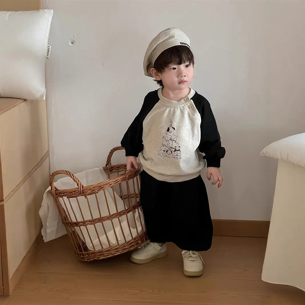 Spring Baby Long Sleeve Clothes Set Boys Cartoon Print Sweatshirt Loose Pants 2pcs Suit Infant Casual Sports Outfits 250304