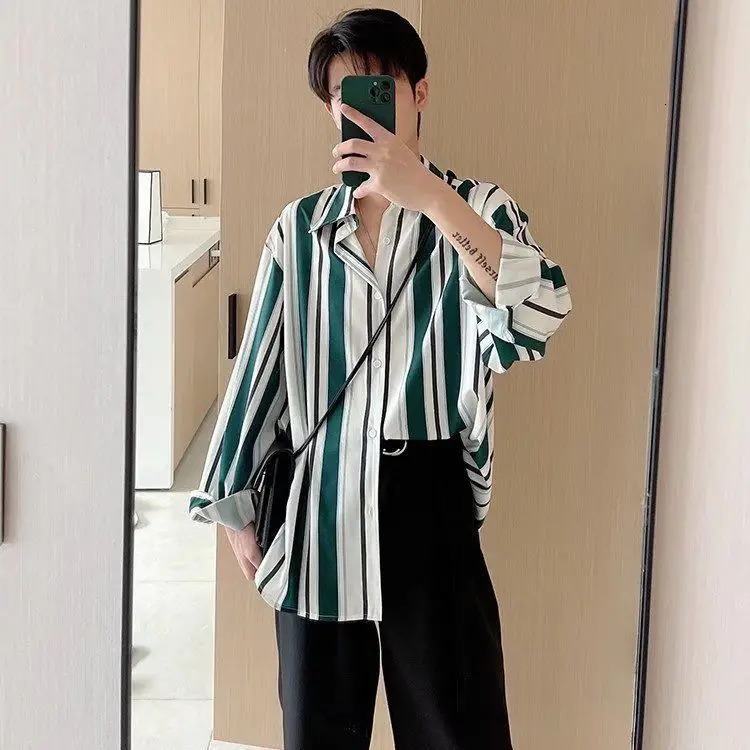 Green Striped Shirt Men Long-sleeved Trendy Handsome Printed Cardigan Without Ironing Loose Spring and Autumn Jacket 250227
