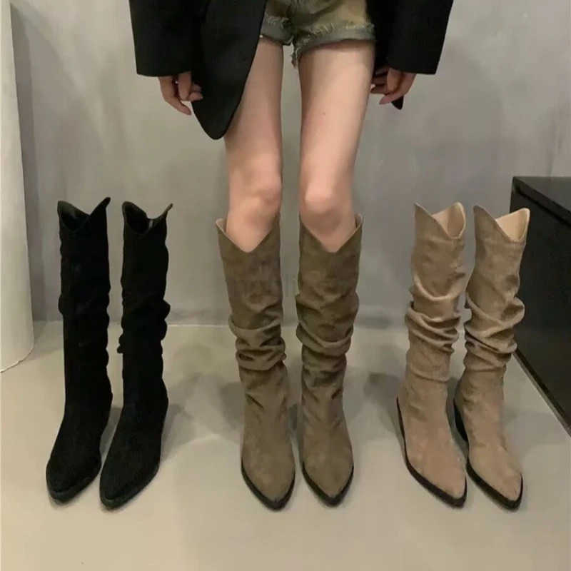 Wen Wern Boots Korean Style Autumn Pointed Toe Long Boots Thick Heel Outdoor Hiking Shoes Botas De Mujer Largas Z250304