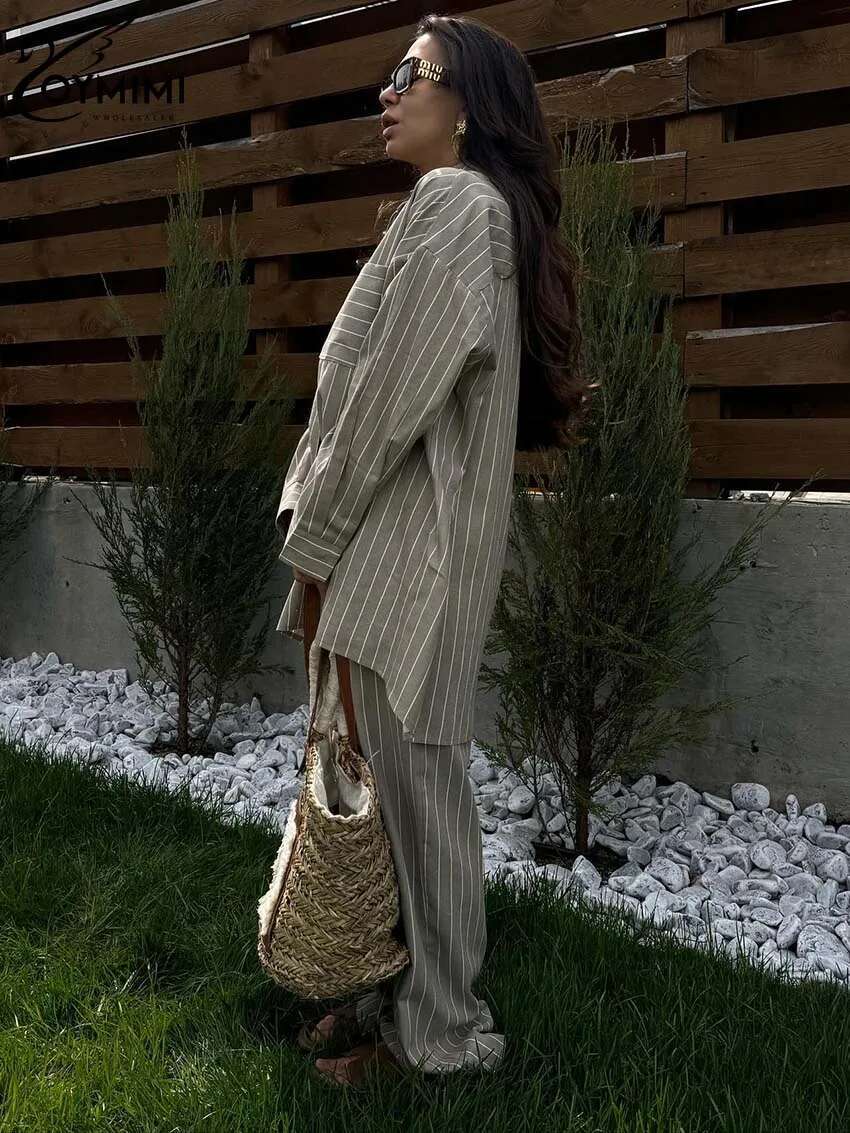 Fashion Khaki Print 2 Piece Sets Women Outfit Elegant Long Sleeve Pockets Button Shirts And High Waist Straight Pants Set