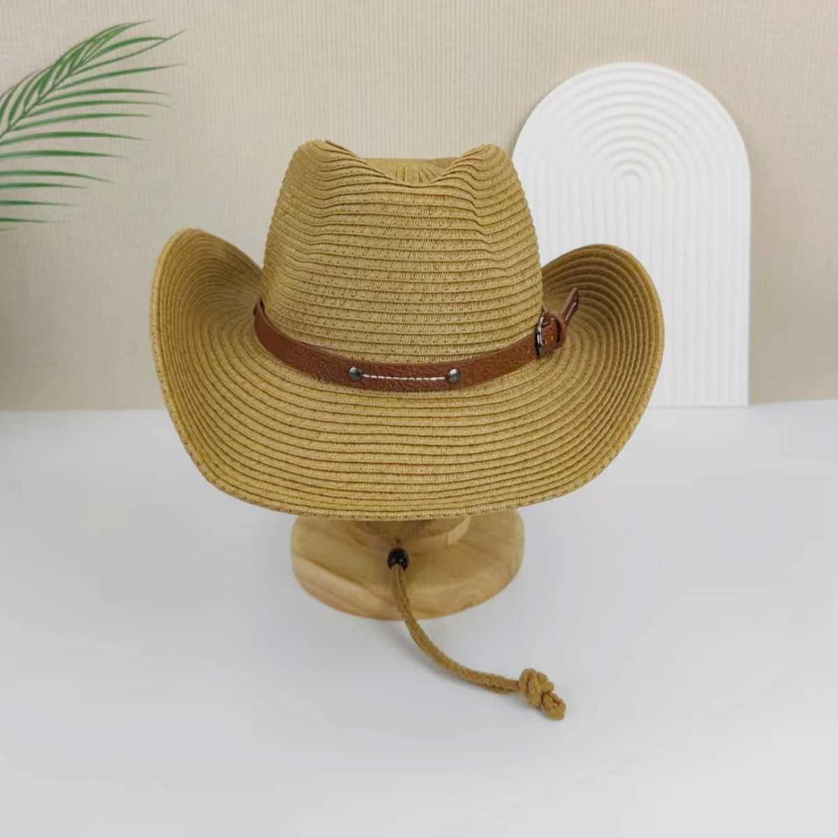 A mens and womens wide-brimmed western cowboy hat stylish jazz hat summer beach sun hat carrying a windbreak ropeXJ250304