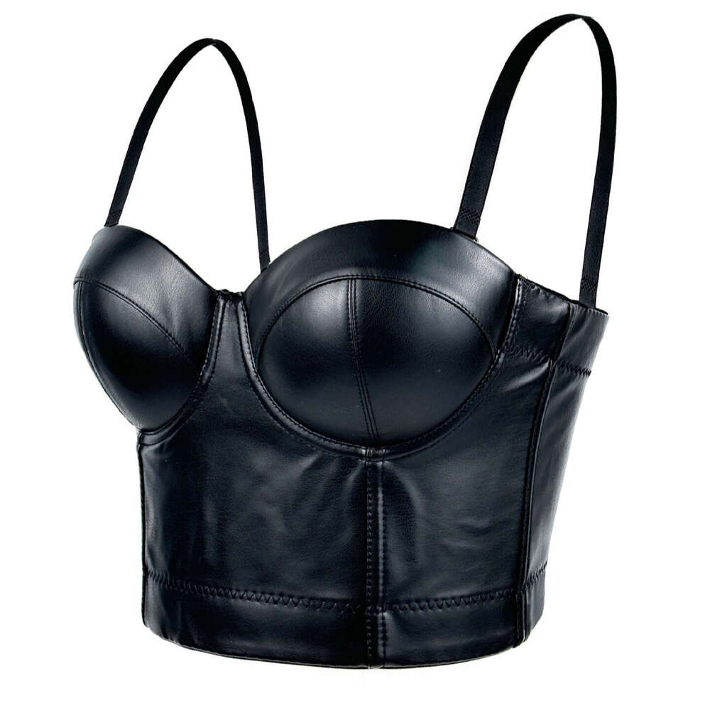 Spicy Girl Leather Bra Imitation Sheepskin Suspended Tank with No Bra, Sexy Beauty Gathering Fishbone Top