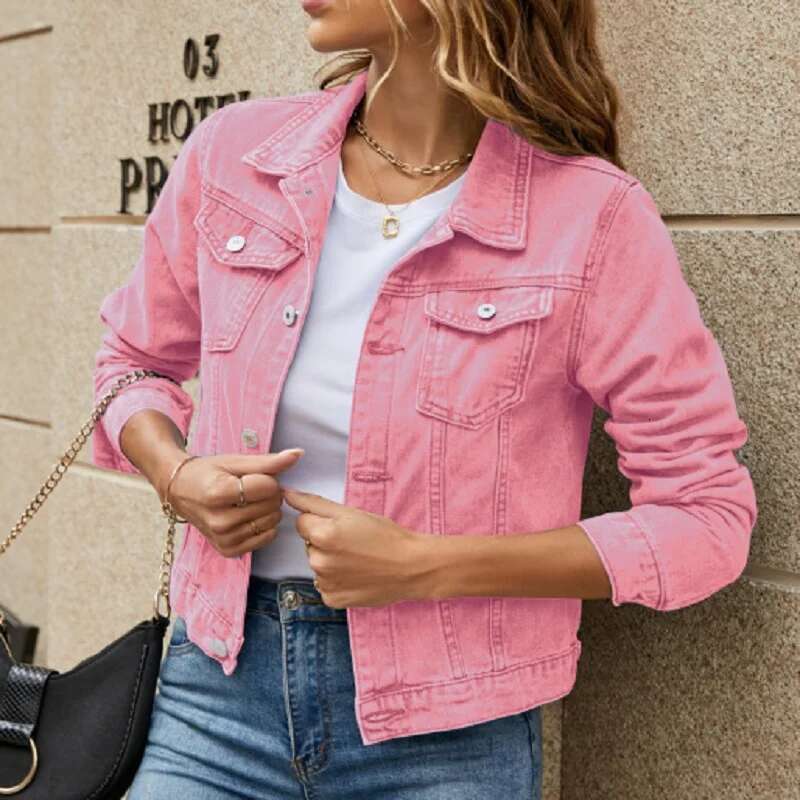 Women Autumn Denim Short Jackets Single Breasted Long Sleeve Turn-Down Collar Jeans Coats