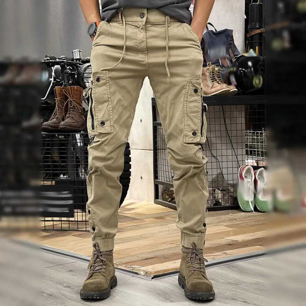 Spring Fall Men Cargo Pants Drawstring Waist Multi Pockets Ankle-banded Solid Color Sport Trousers Daily Wear Outdoor TrainingXJ250303