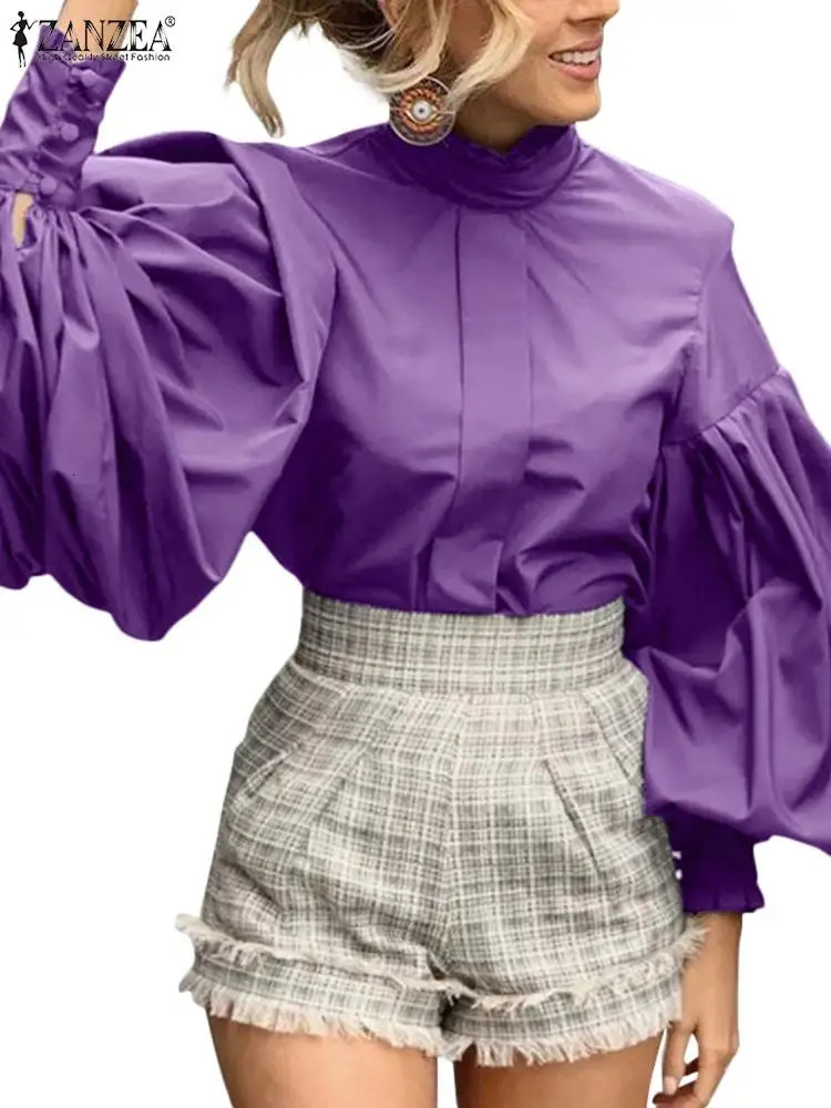 ZANZEA Casual Solid Color Shirts Women Long Lantern Sleeve Blouse Office Lady Pleating Tops Fashion Stand Collar Tunics 250228