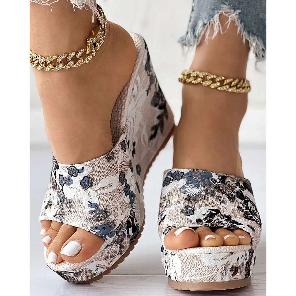 Fashion Shoes Women Casual Flip ps Summer Vintage ral Print Peep Toe Wedge Slippers