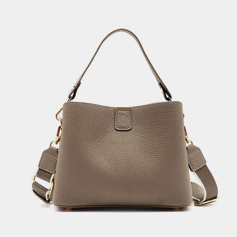 Cowhide Genuine Leather Bucket Small Shoulder Crossbody For Women Designer Wide Strap Tote Ladies Handbags