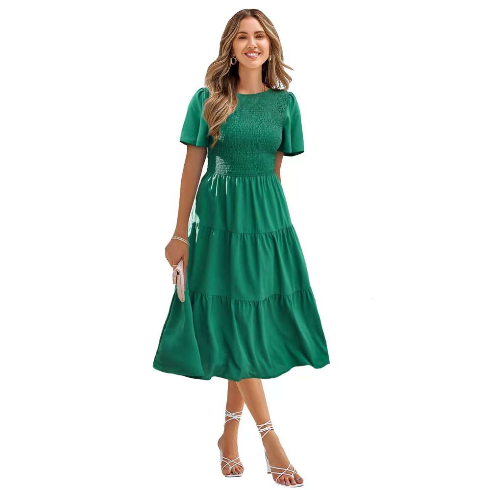 US station waist cinching slimming big swing dress for spring and summer round neck, sweeping holiday dress, 2025 temperament versatile new trendy clo