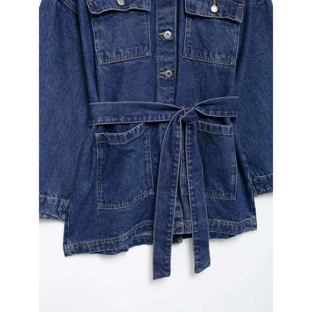 Willshela Women Fashion With Belt Denim Blue Single Breasted Jackets Vintage Lapel Neck Long Sleeves Female Chic Lady Outfits