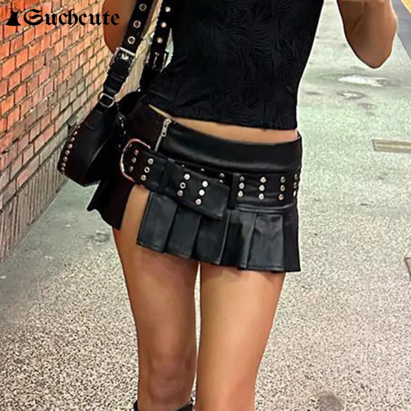 SUCHCUTE Rivet Belt Gothic Punk Leather Mini Skirt Women Low Rise Zipper Streetwear Emo Summer Slit Pleated Skirt Dark Academia 250304