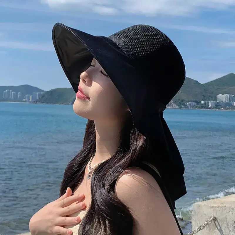 Women Hat Summer Bucket Hat With Shl Lightweight Breathable Mesh Face Neck Protection Sun Hat Bow Big Brim Travel Beach HatXJ250304