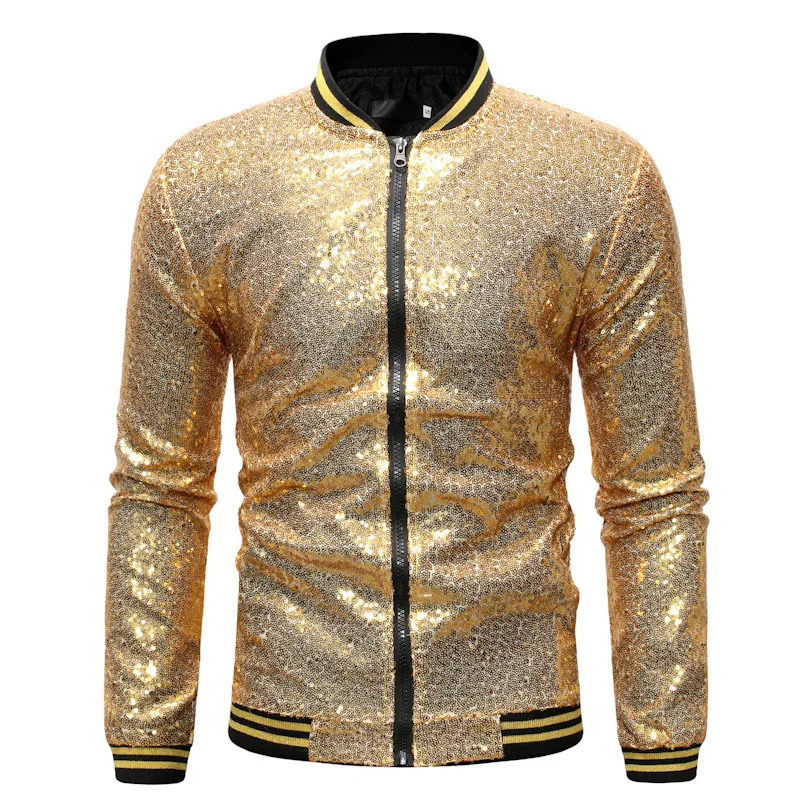 4124 Outerwear Streetwear Jacket Men Gold Silver Black Red Blue Shinny Sequined Dance Hip Hop Zipper Spring 250304