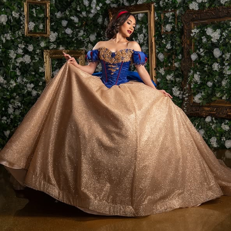 Gold Shiny Quinceanera Dresses Ball Gown Off Shoulder Applique Lace Beads Tull Corset Sweet 16 Dress Vestidos 15 De Anos