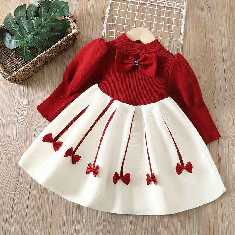 ma baby 27Y Christmas Girls Red Dress Princess Bow Knit Long Sleeve Aline Dresses Children Xmas Costumes D01 250303